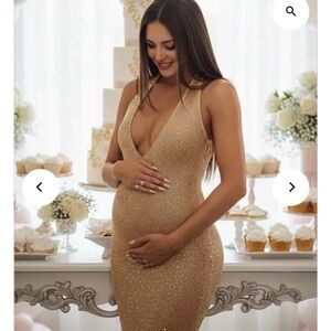 Gold Maternity Sequin Halter Dress - Elegant Party Gown